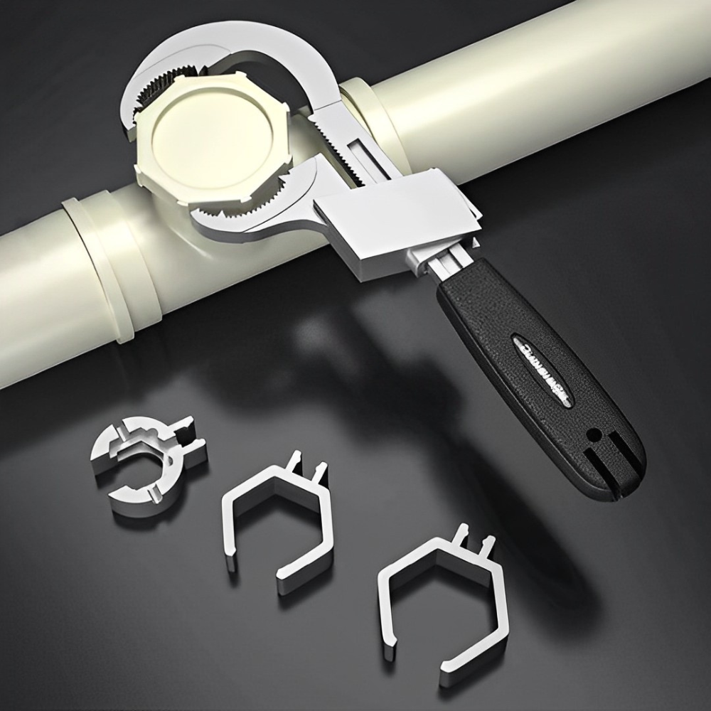 Multifunctionele sanitaire sleutel met verwisselbare koppen - Ergonomisch ontwerp voor loodgieterswerkzaamheden, duurzame aluminiumlegering, 27 cm lang