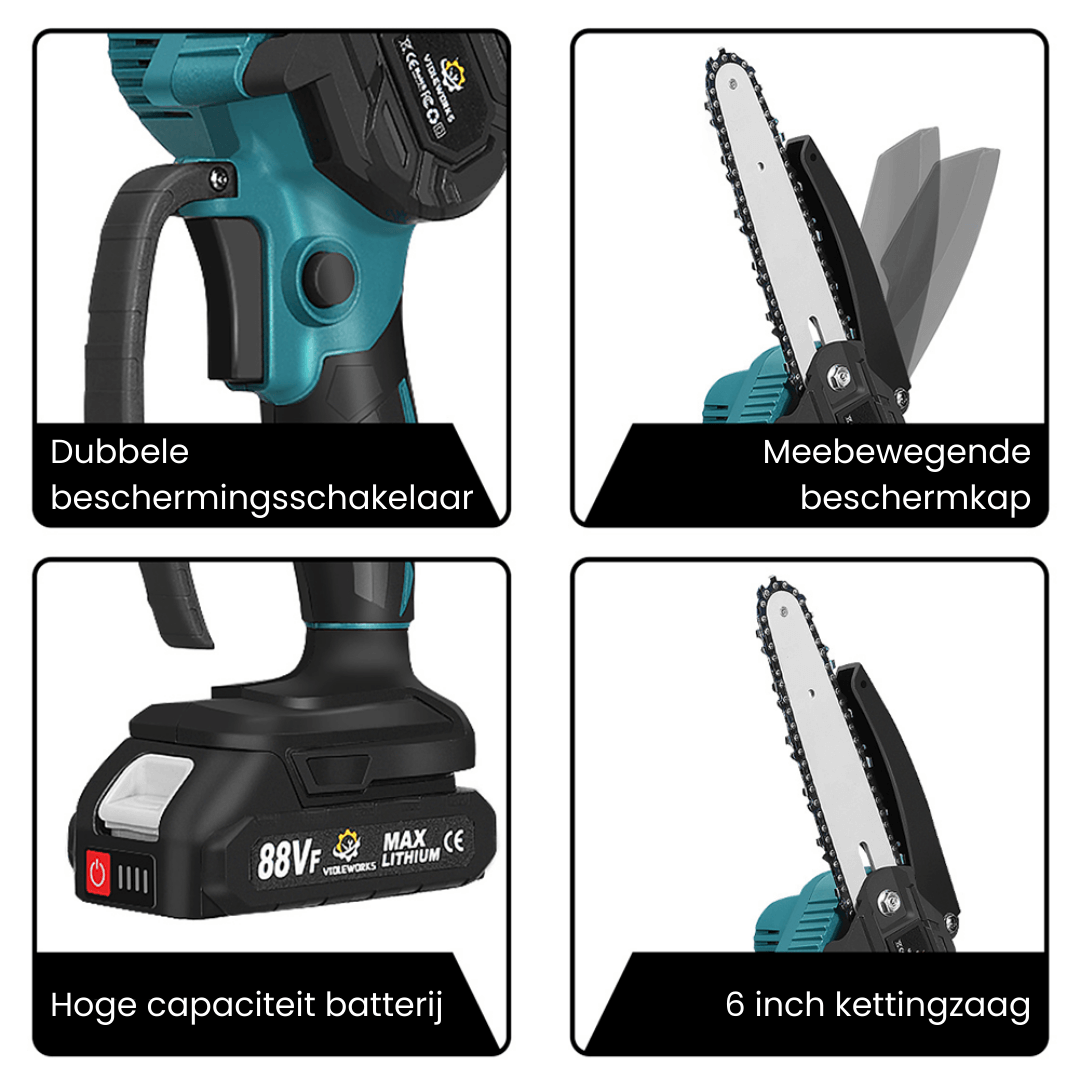 Lichtgewicht elektrische minikettingzaag, 1200W motor, bediening met één hand, zaagt takken tot 12 cm, compatibel met 18V Makita batterijen
