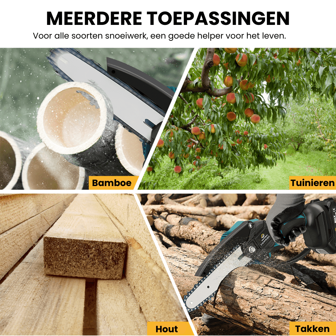Lichtgewicht elektrische minikettingzaag, 1200W motor, bediening met één hand, zaagt takken tot 12 cm, compatibel met 18V Makita batterijen