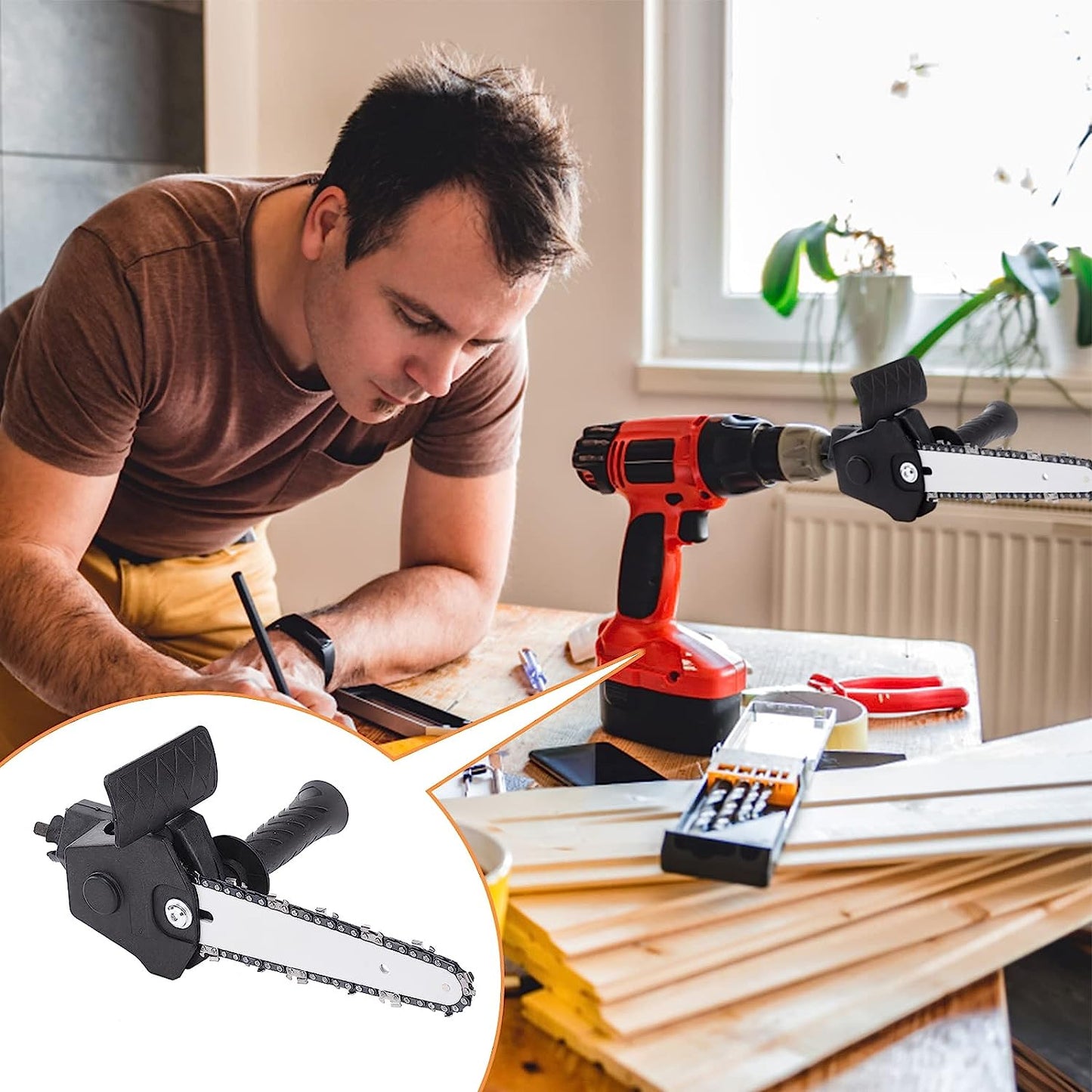 Mini accu-kettingzaag met ergonomische handgreep voor efficiënt zagen van hout - Lichtgewicht en compact ontwerp