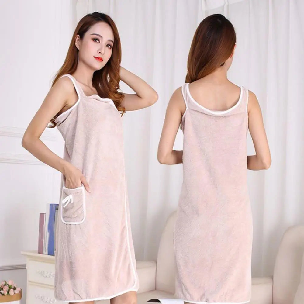 Soft Women's Bathrobe – Breathable Coral Fleece Robe with Off-Shoulder Design and Snap Closure for Home, Spa, or Beach