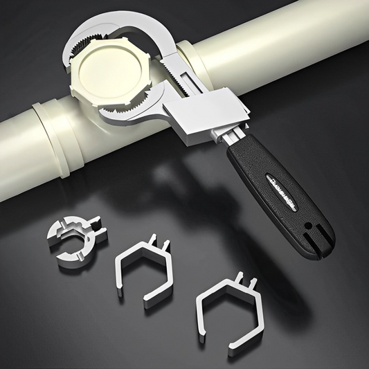 Multifunctionele sanitaire sleutel met verwisselbare koppen - Ergonomisch ontwerp voor loodgieterswerkzaamheden, duurzame aluminiumlegering, 27 cm lang