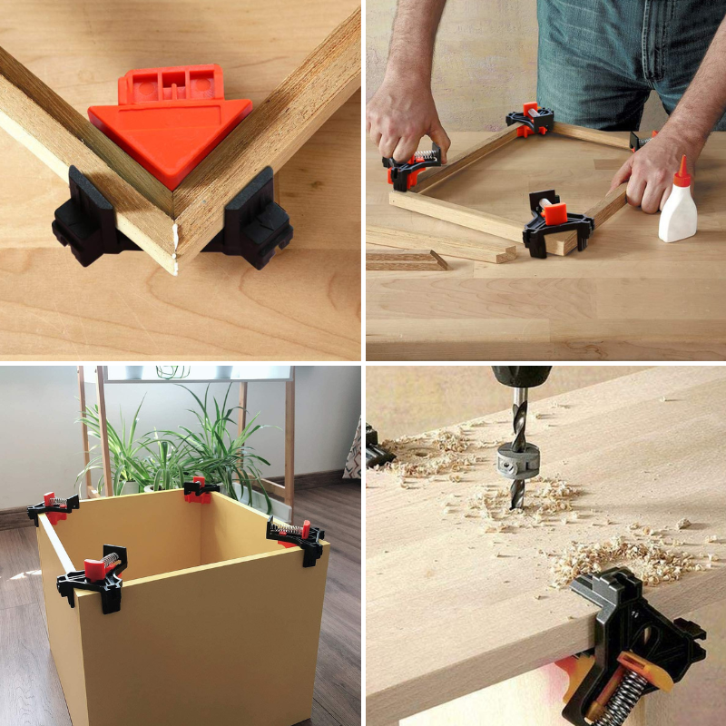 Efficiënte set houtbewerkingsklemmen met ergonomische handgrepen en hoekstukken voor precisiewerk - zwart en oranje